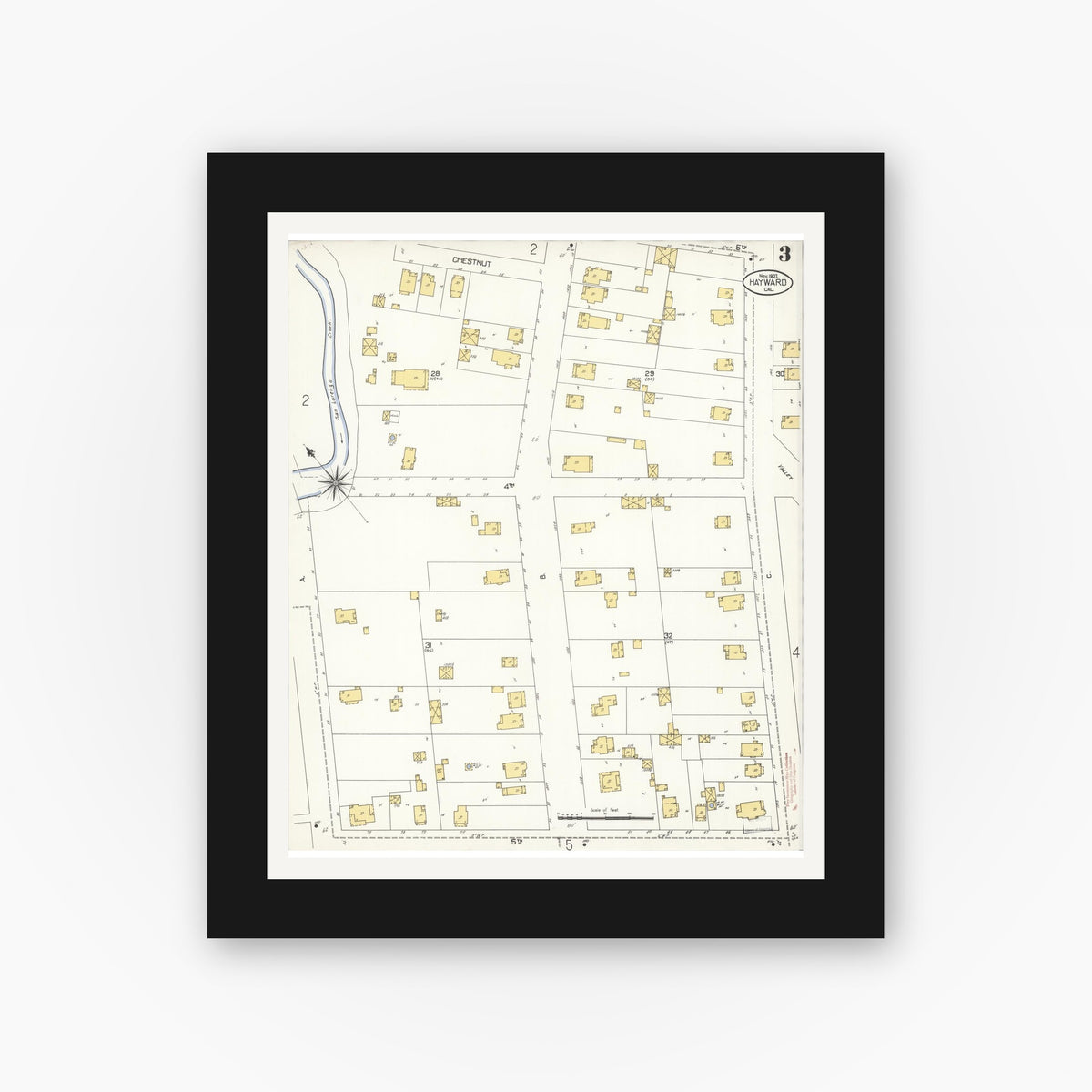 Old map wall art mockup — black gallery frame with white mat — Sanborn Fire Insurance Map from Hayward, Alameda County, California (1907), Sheet #0003
