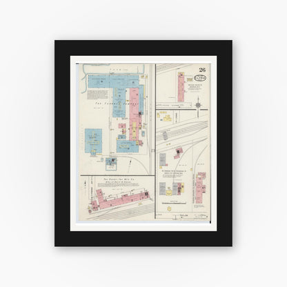 Old map wall art mockup — black gallery frame with white mat — Sanborn Fire Insurance Map from Elyria, Lorain County, Ohio (1915), Sheet #0026