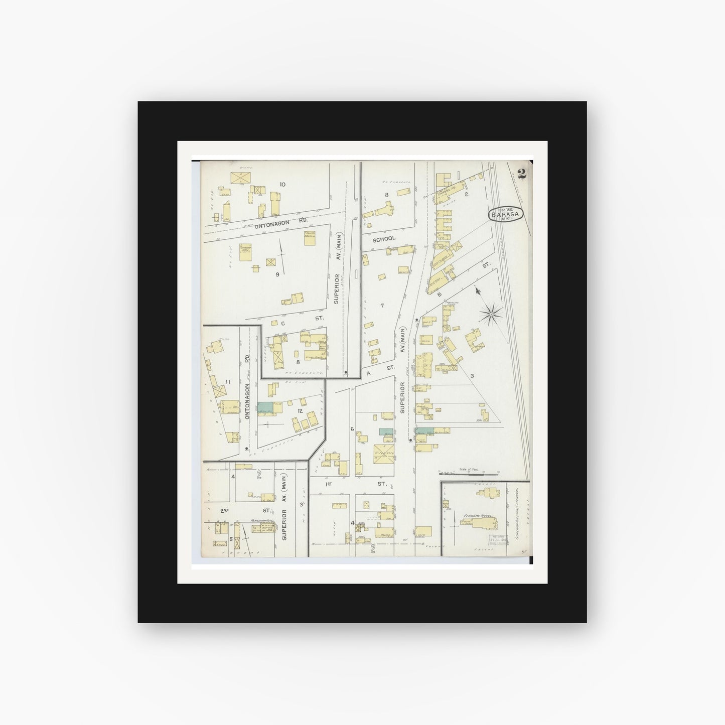 Old map wall art mockup — black gallery frame with white mat — Sanborn Fire Insurance Map from Baraga, Baraga County, Michigan (1892), Sheet #0002