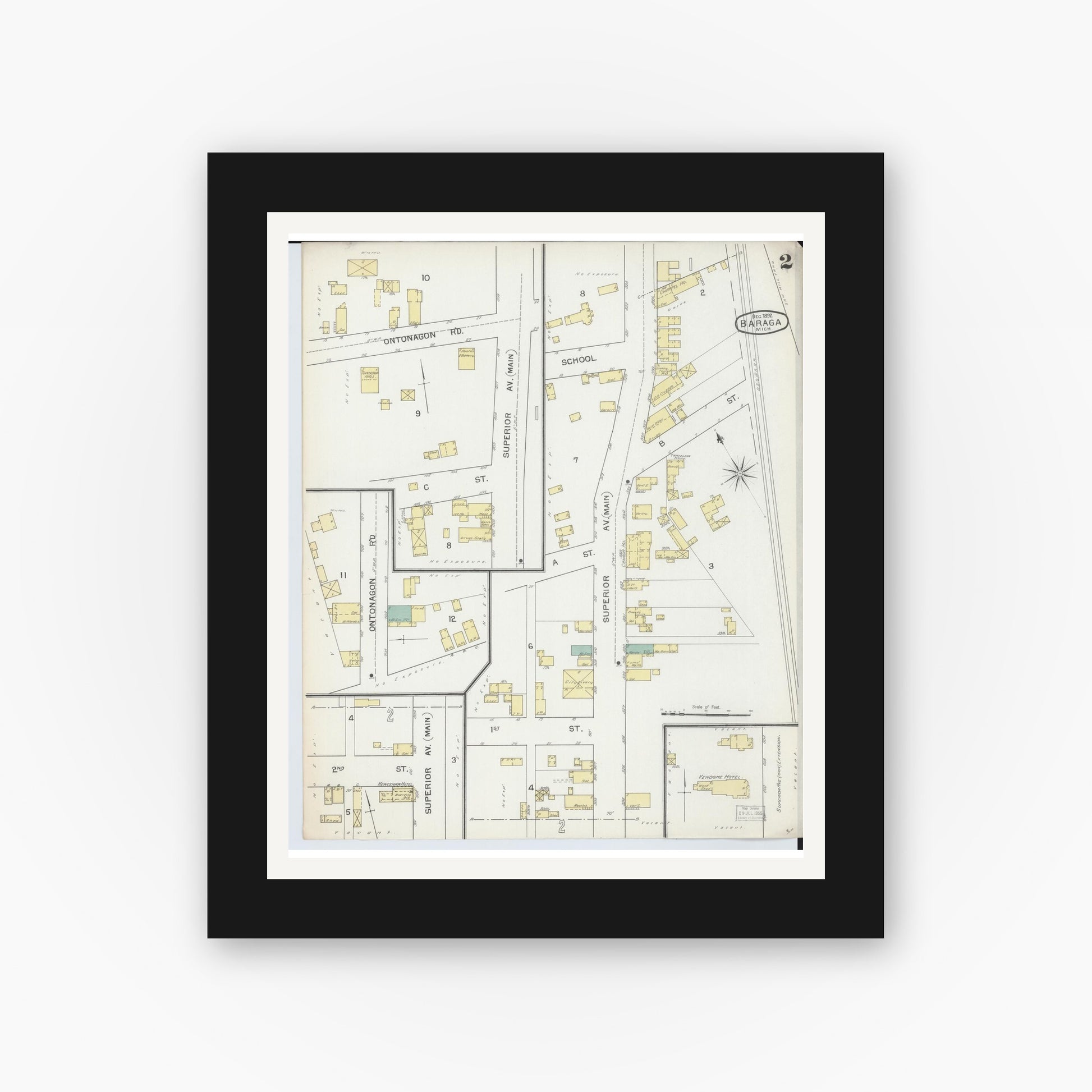 Old map wall art mockup — black gallery frame with white mat — Sanborn Fire Insurance Map from Baraga, Baraga County, Michigan (1892), Sheet #0002
