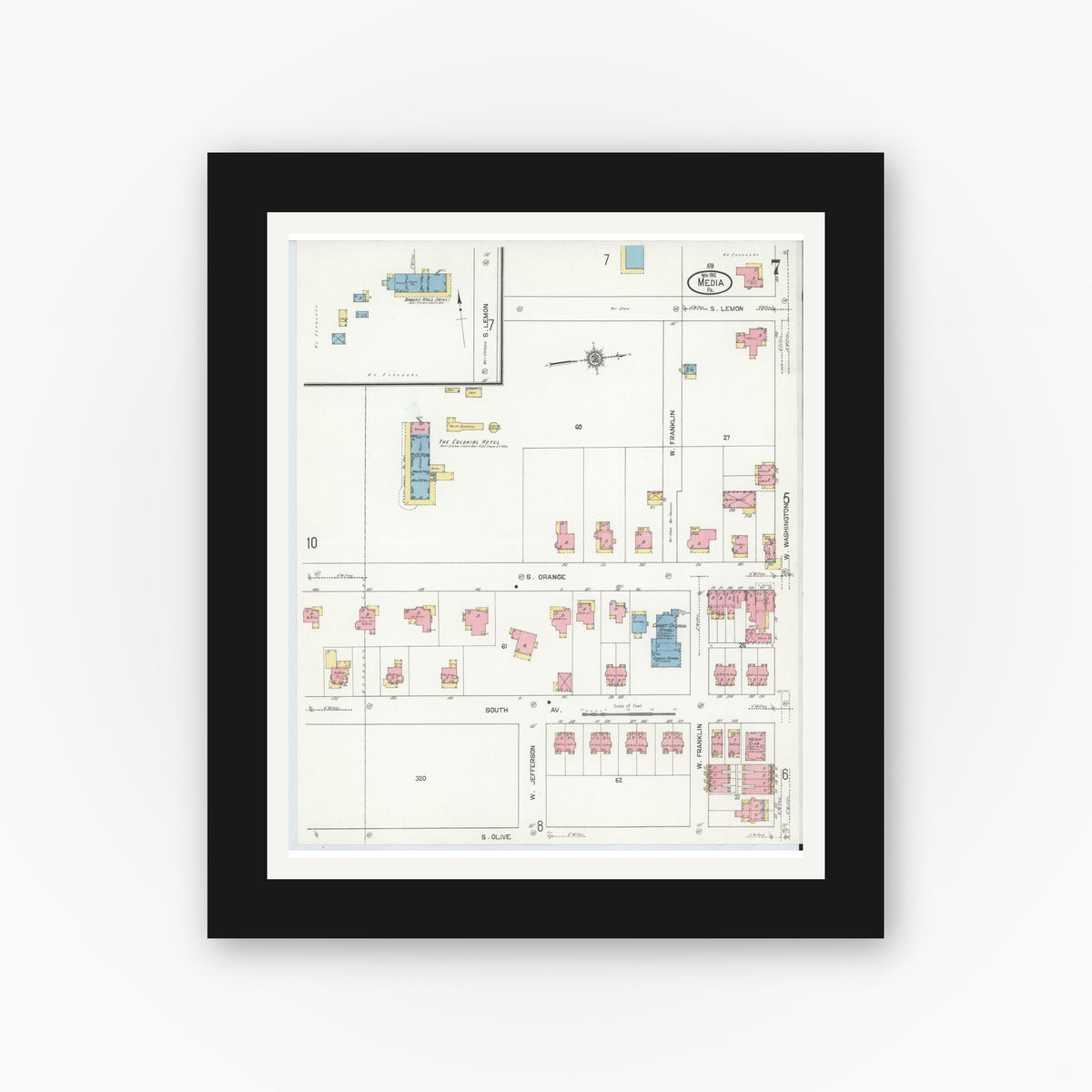 Old map wall art mockup — black gallery frame with white mat — Sanborn Fire Insurance Map from Media, Delaware County, Pennsylvania (1912), Sheet #0007