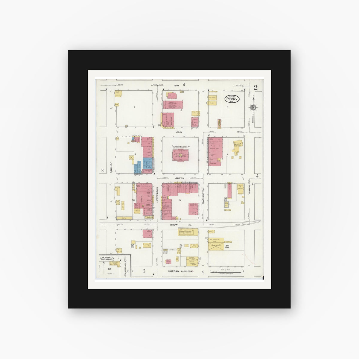 Old map wall art mockup — black gallery frame with white mat — Sanborn Fire Insurance Map from Perry, Taylor County, Florida (1917), Sheet #0002