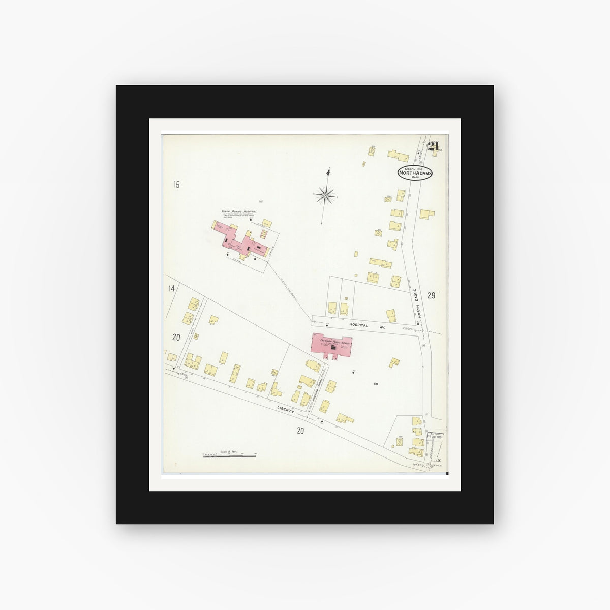 Old map wall art mockup — black gallery frame with white mat — Sanborn Fire Insurance Map from North Adams, Berkshire County, Massachusetts (1908), Sheet #0021