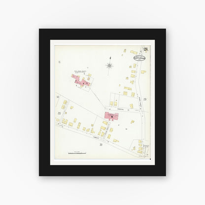 Old map wall art mockup — black gallery frame with white mat — Sanborn Fire Insurance Map from North Adams, Berkshire County, Massachusetts (1908), Sheet #0021