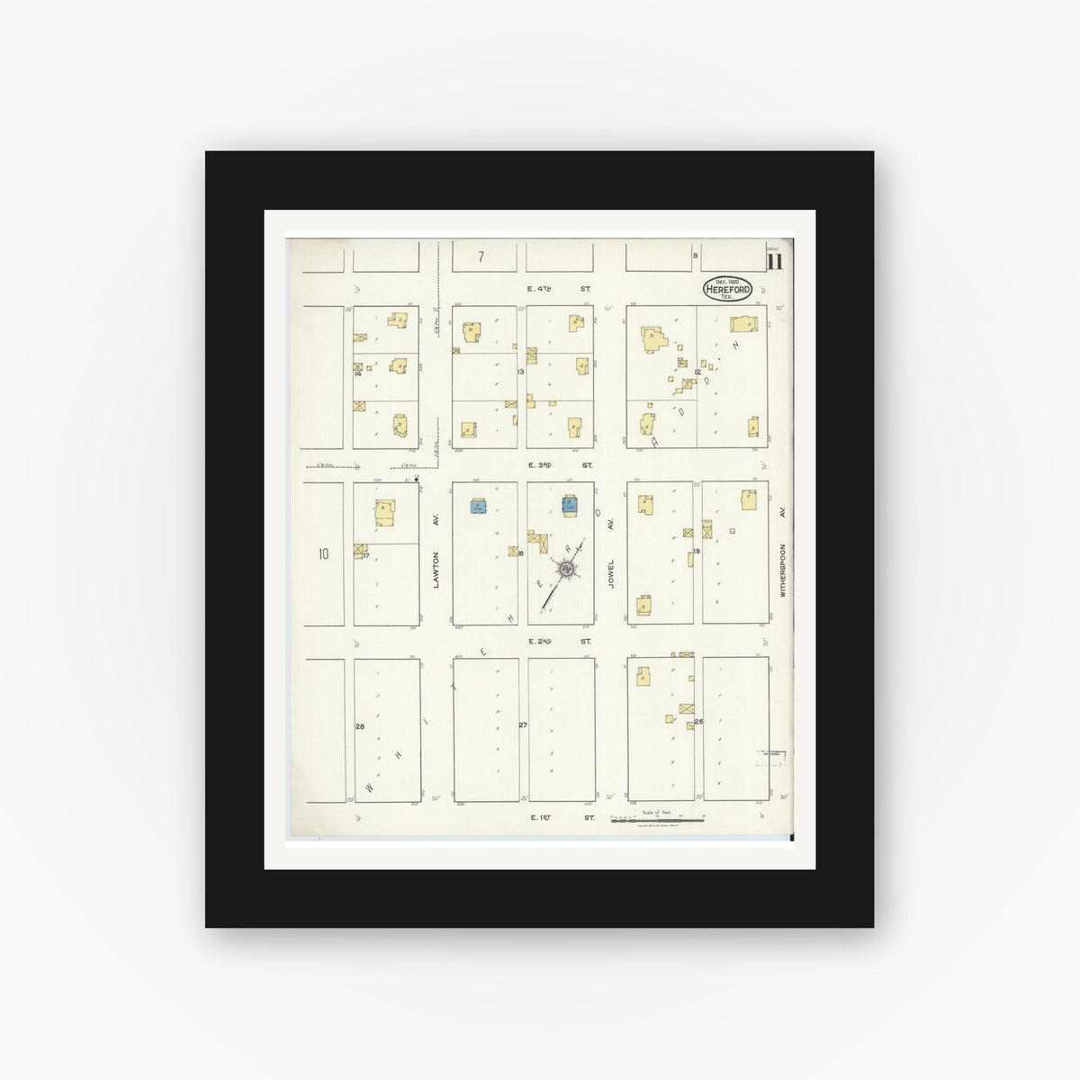 Old map wall art mockup — black gallery frame with white mat — Sanborn Fire Insurance Map from Hereford, Deaf Smith County, Texas (1920), Sheet #0011