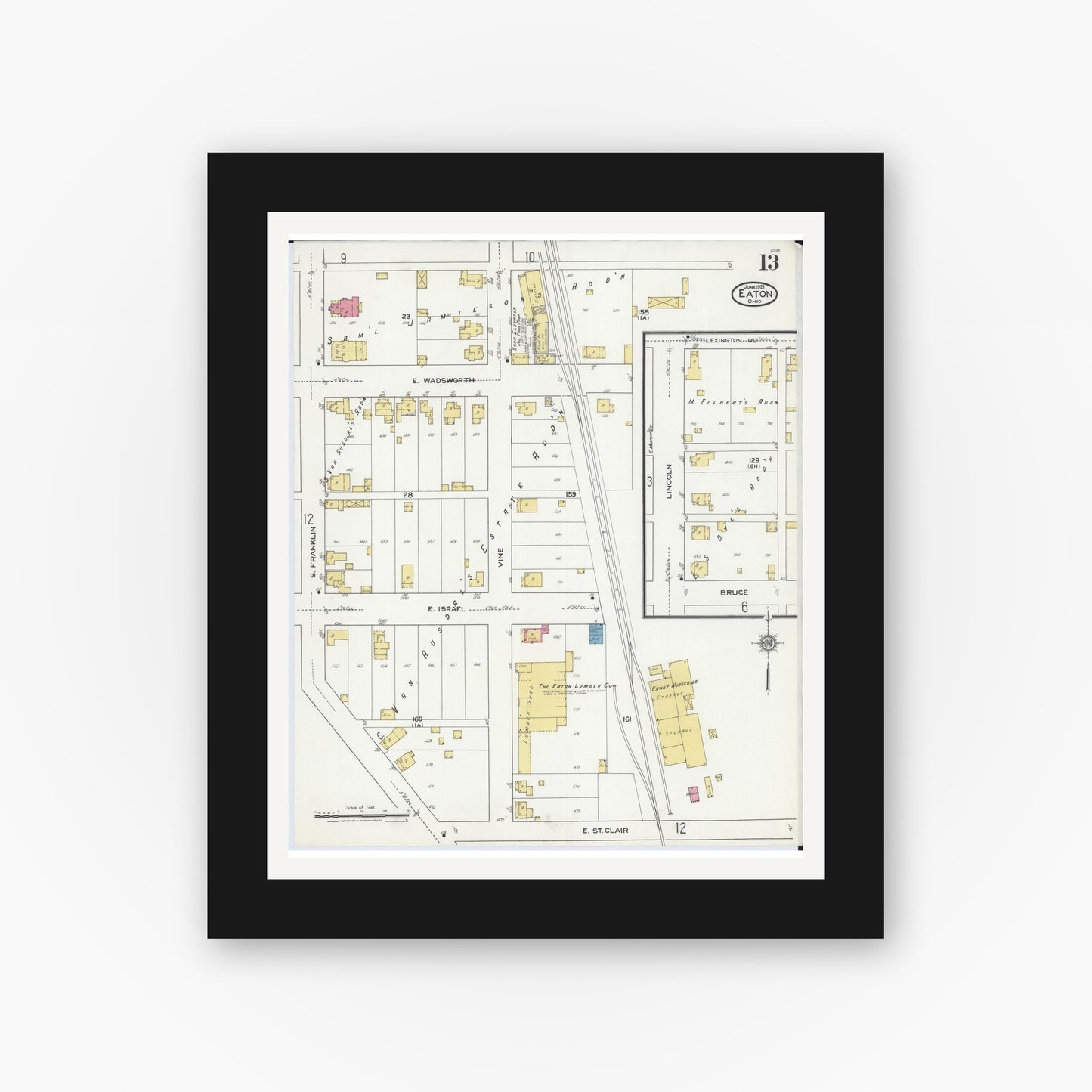 Old map wall art mockup — black gallery frame with white mat — Sanborn Fire Insurance Map from Eaton, Preble County, Ohio (1921), Sheet #0013