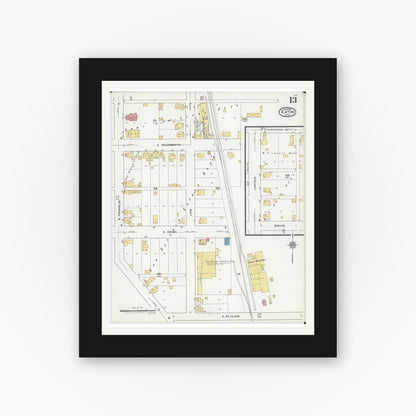 Old map wall art mockup — black gallery frame with white mat — Sanborn Fire Insurance Map from Eaton, Preble County, Ohio (1921), Sheet #0013
