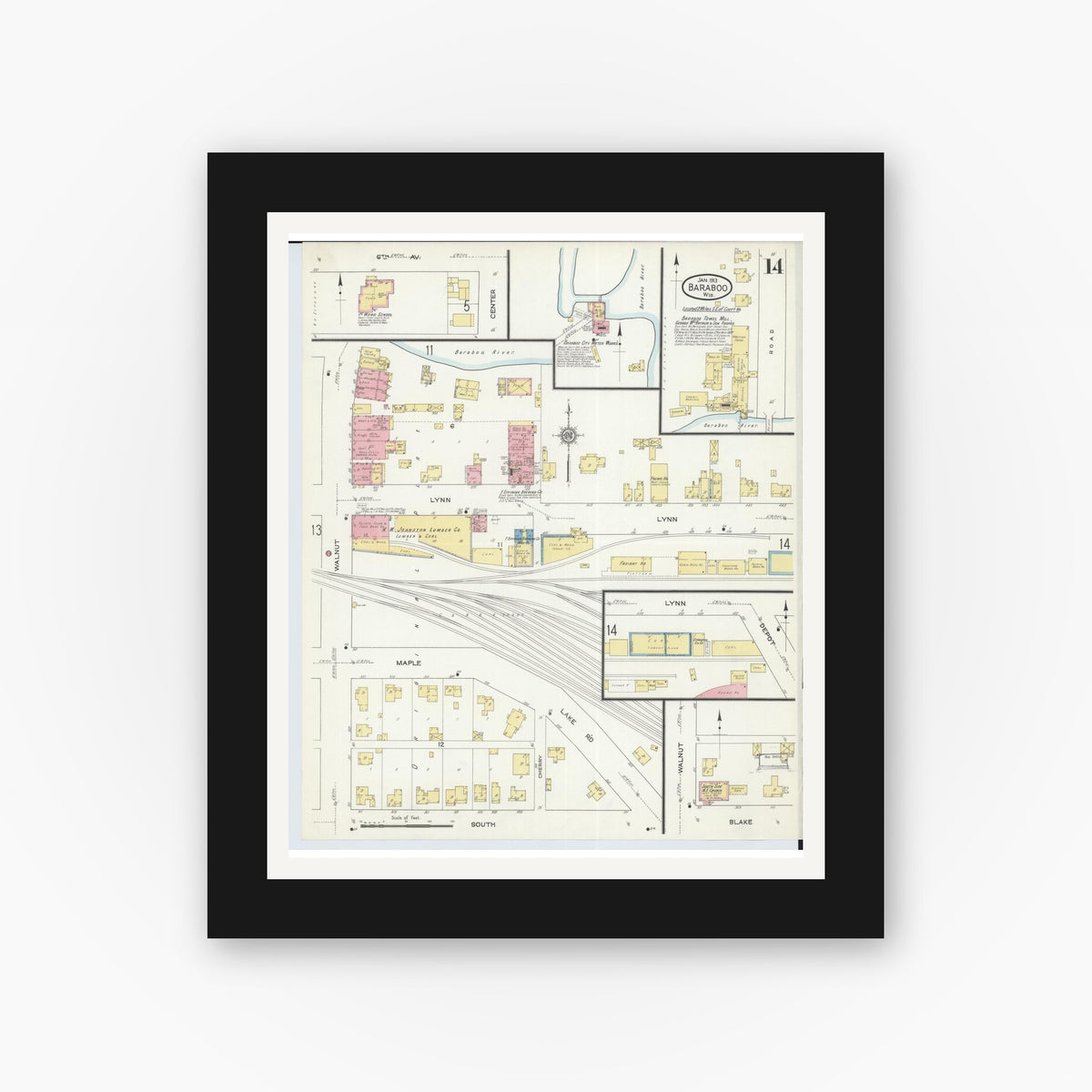 Old map wall art mockup — black gallery frame with white mat — Sanborn Fire Insurance Map from Baraboo, Sauk County, Wisconsin (1913), Sheet #0014