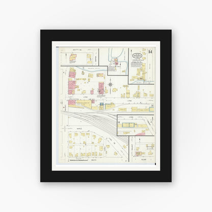Old map wall art mockup — black gallery frame with white mat — Sanborn Fire Insurance Map from Baraboo, Sauk County, Wisconsin (1913), Sheet #0014