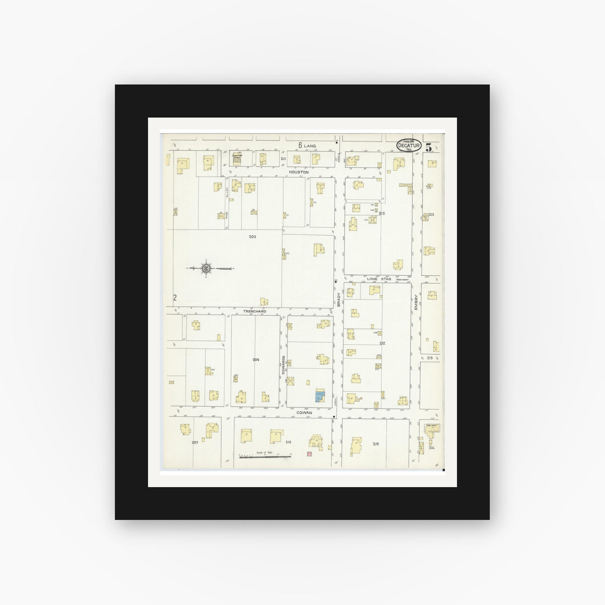 Old map wall art mockup — black gallery frame with white mat — Sanborn Fire Insurance Map from Decatur, Wise County, Texas (1914), Sheet #0005