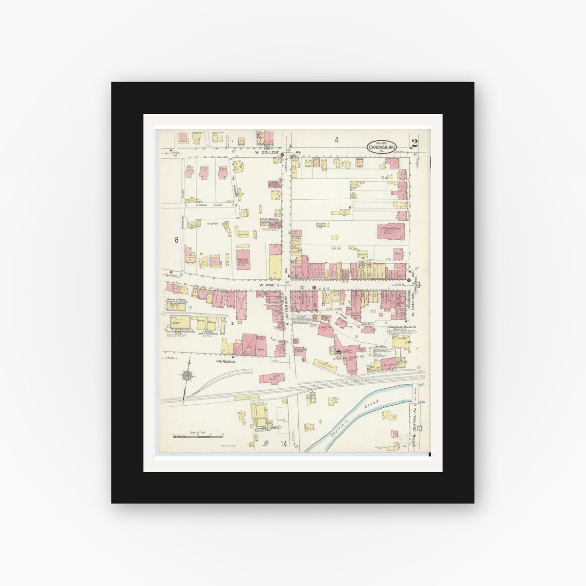 Old map wall art mockup — black gallery frame with white mat — Sanborn Fire Insurance Map from Canonsburg, Washington County, Pennsylvania (1913), Sheet #0002