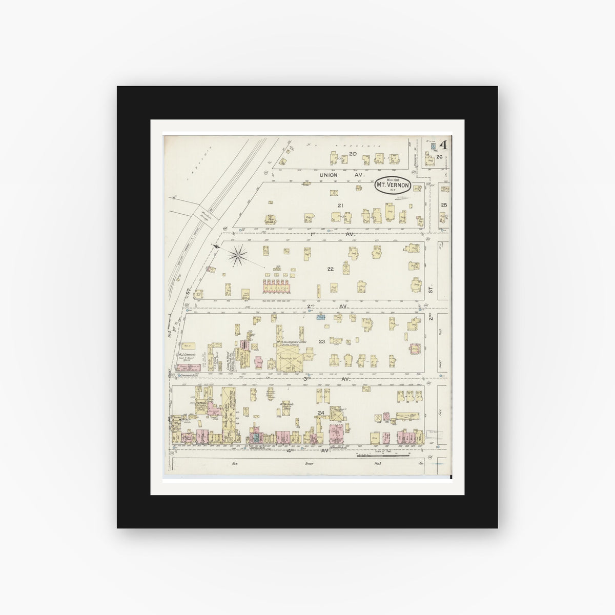 Old map wall art mockup — black gallery frame with white mat — Sanborn Fire Insurance Map from Mount Vernon, Westchester County, New York (1887), Sheet #0004