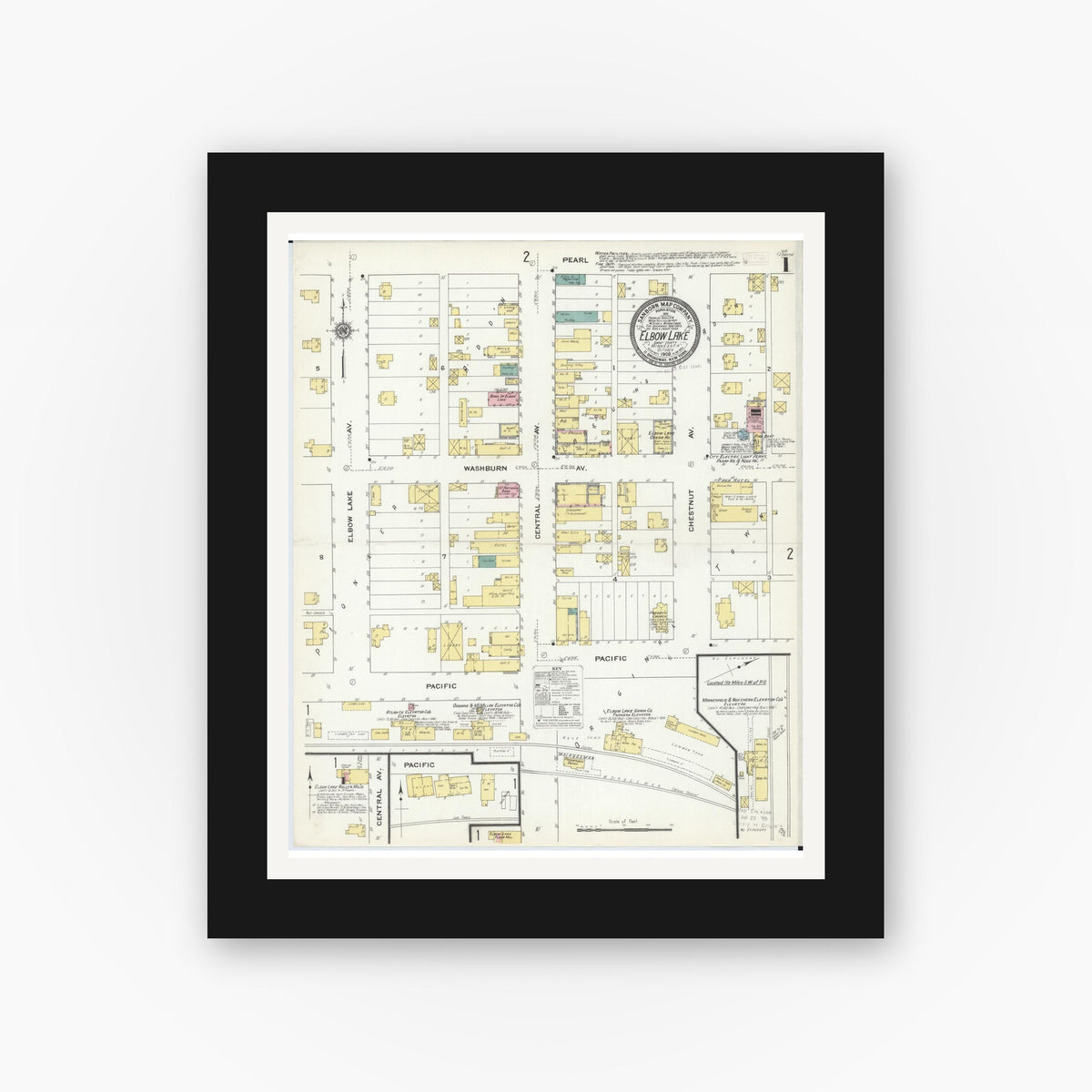 Old map wall art mockup — black gallery frame with white mat — Sanborn Fire Insurance Map from Elbow Lake, Grant County, Minnesota (1909) - Complete Map Set