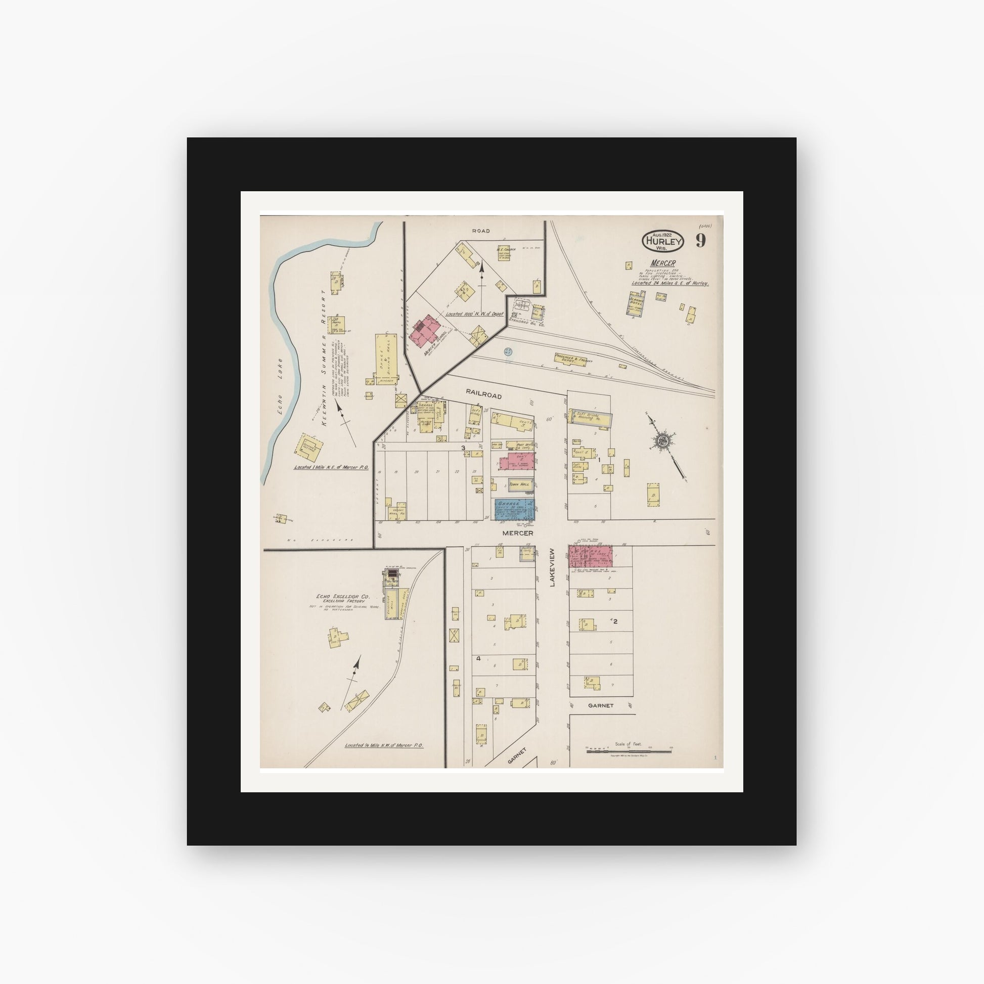 Old map wall art mockup — black gallery frame with white mat — Sanborn Fire Insurance Map from Hurley, Iron County, Wisconsin (1922), Sheet #0009