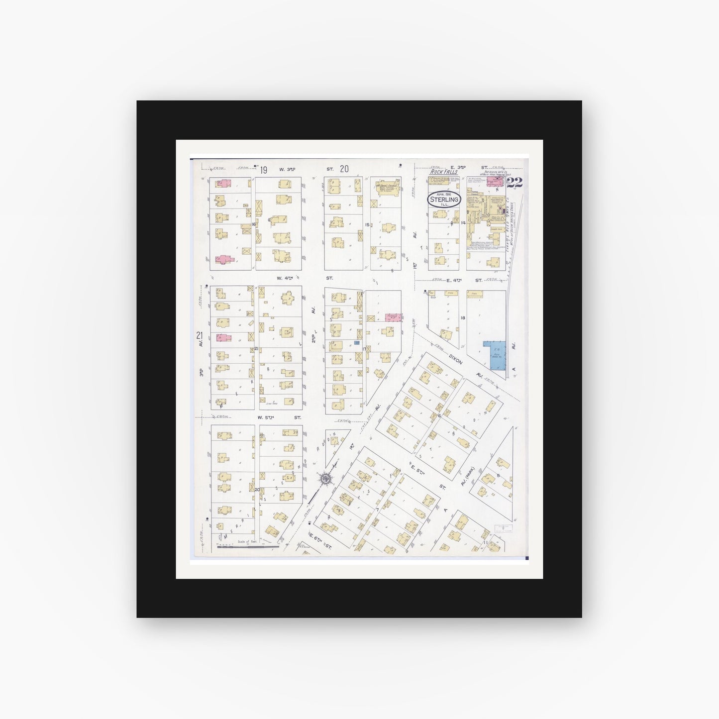 Old map wall art mockup — black gallery frame with white mat — Sanborn Fire Insurance Map from Sterling, Whiteside County, Illinois (1916), Sheet #0022