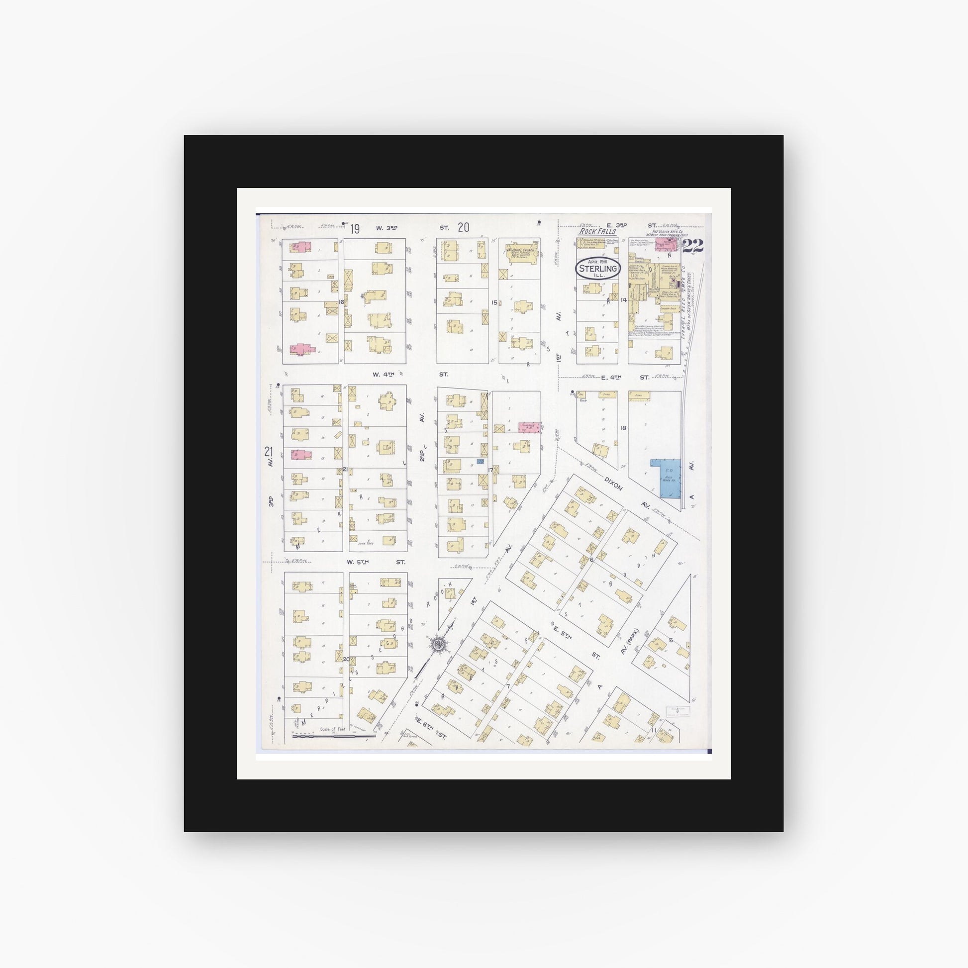 Old map wall art mockup — black gallery frame with white mat — Sanborn Fire Insurance Map from Sterling, Whiteside County, Illinois (1916), Sheet #0022
