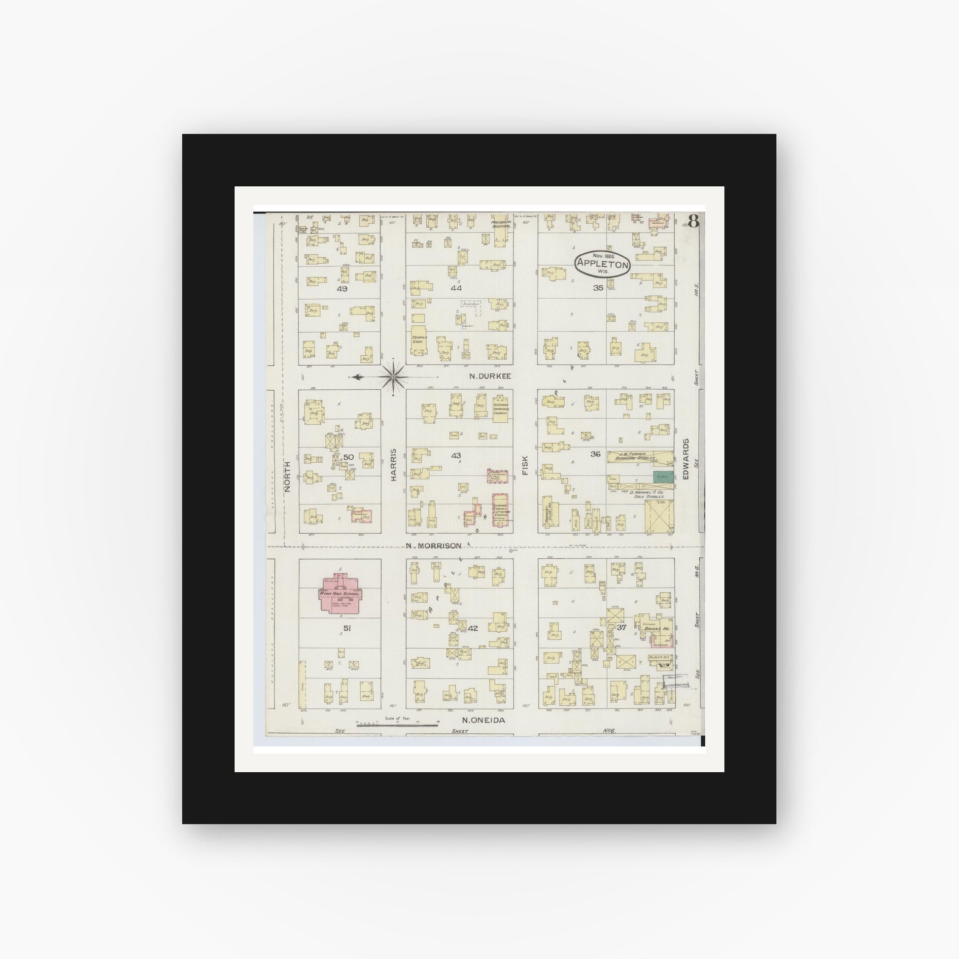 Old map wall art mockup — black gallery frame with white mat — Sanborn Fire Insurance Map from Appleton, Outagamie County, Wisconsin (1886), Sheet #0008