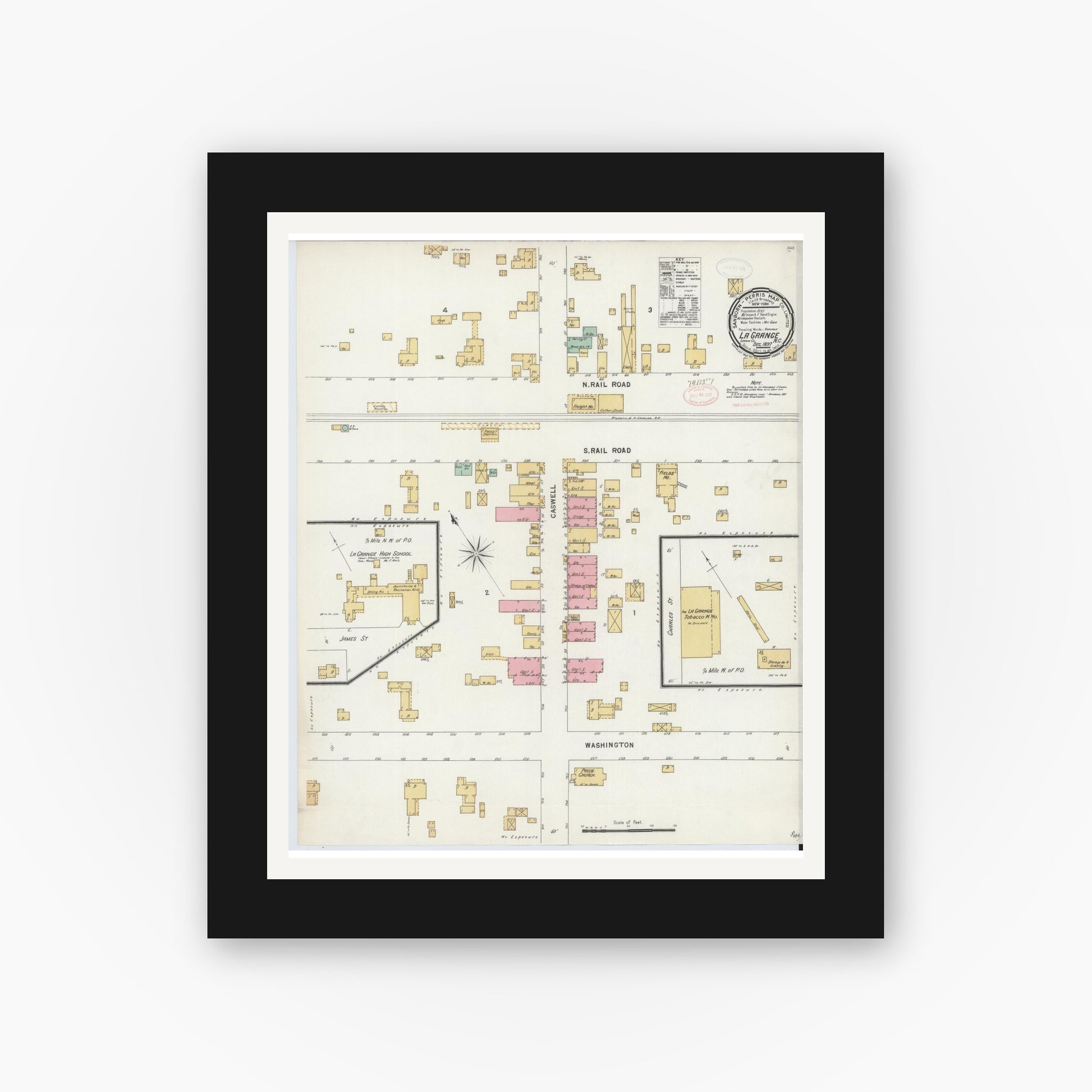 Old map wall art mockup — black gallery frame with white mat — Sanborn Fire Insurance Map from La Grange, Lenoir County, North Carolina (1897), Sheet #0001