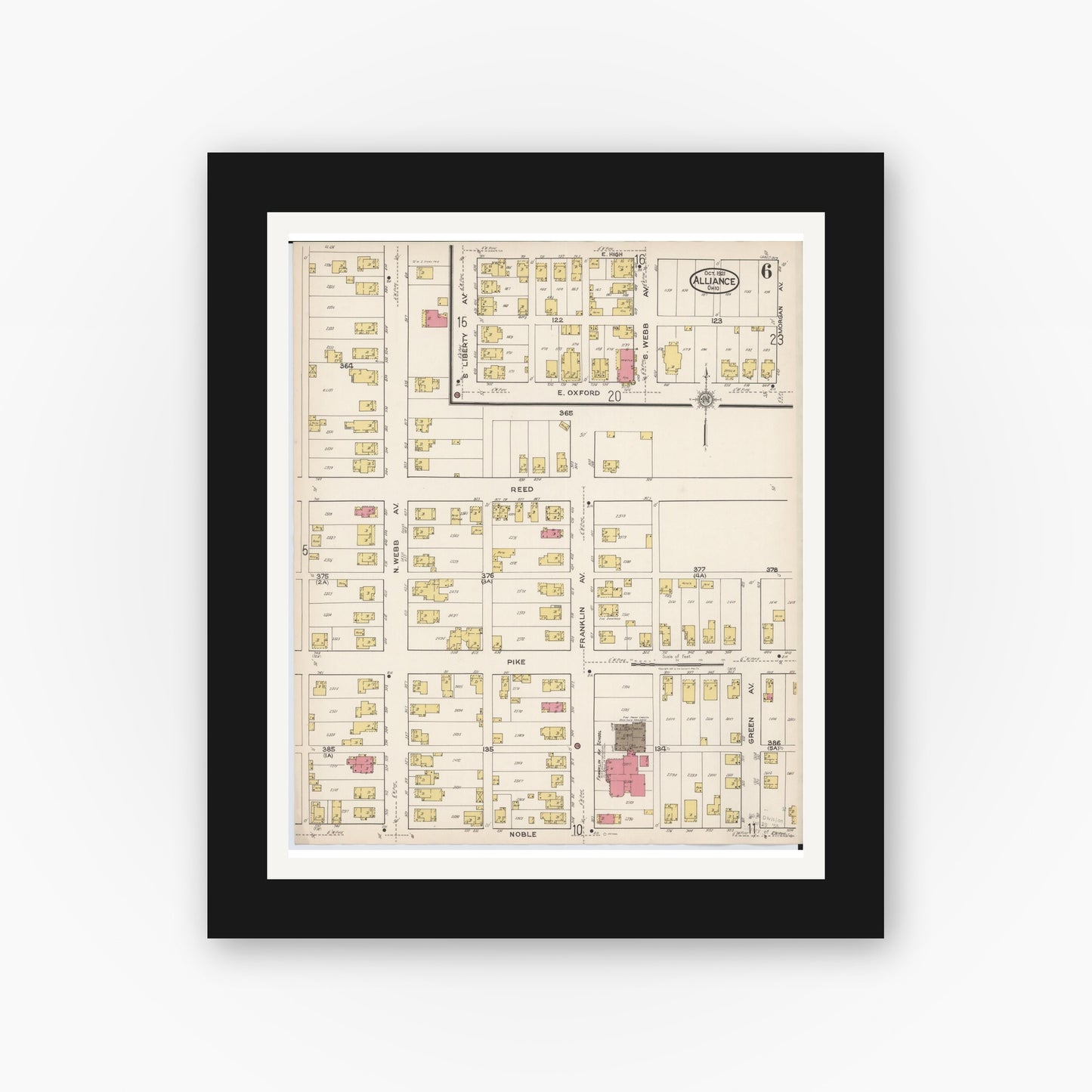 Old map wall art mockup — black gallery frame with white mat — Sanborn Fire Insurance Map from Alliance, Stark County, Ohio (1921), Sheet #0006