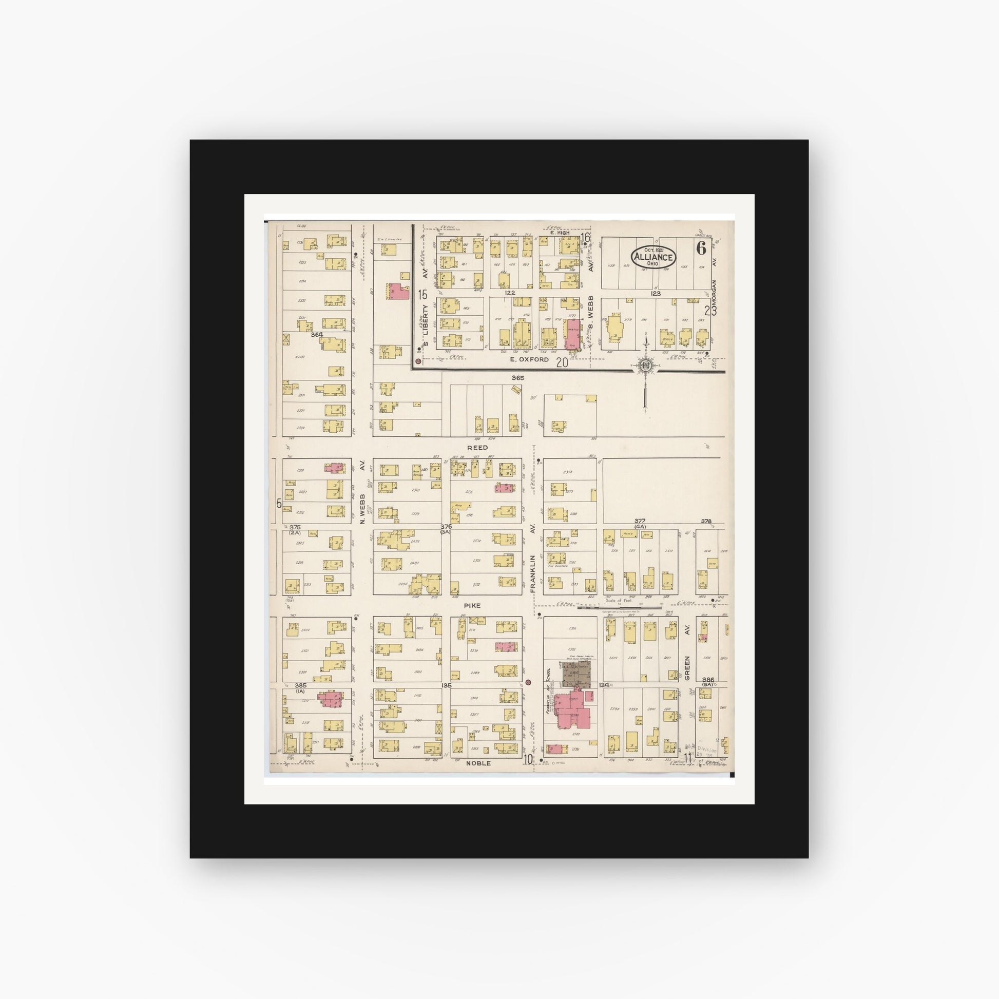 Old map wall art mockup — black gallery frame with white mat — Sanborn Fire Insurance Map from Alliance, Stark County, Ohio (1921), Sheet #0006