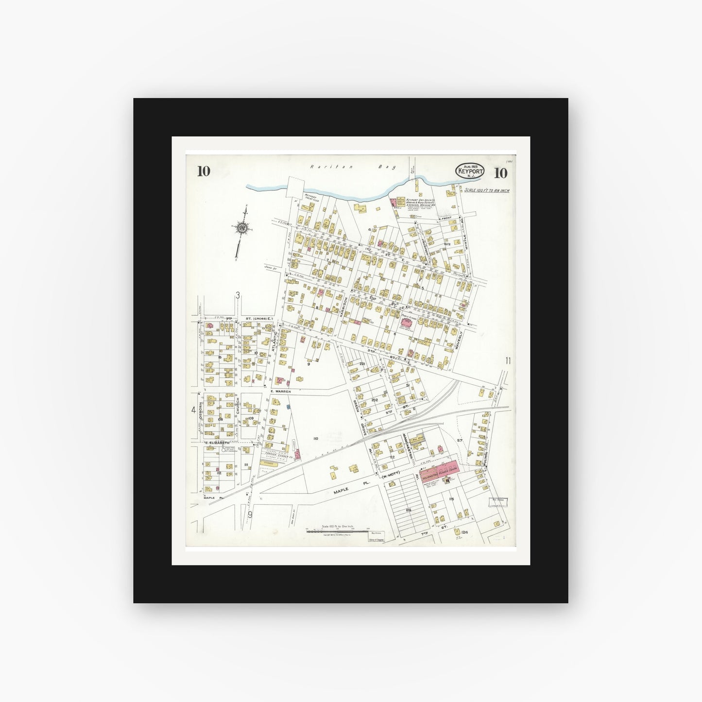 Old map wall art mockup — black gallery frame with white mat — Sanborn Fire Insurance Map from Keyport, Monmouth County, New Jersey (1923), Sheet #0010