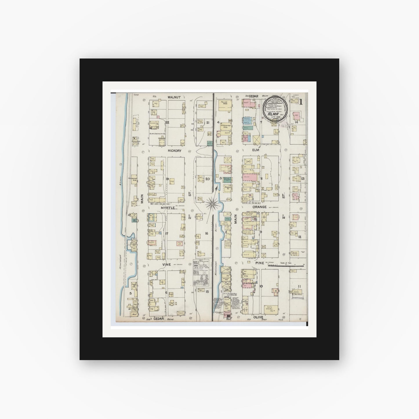 Old map wall art mockup — black gallery frame with white mat — Sanborn Fire Insurance Map from Alma, Buffalo County, Wisconsin (1889), Sheet #0001