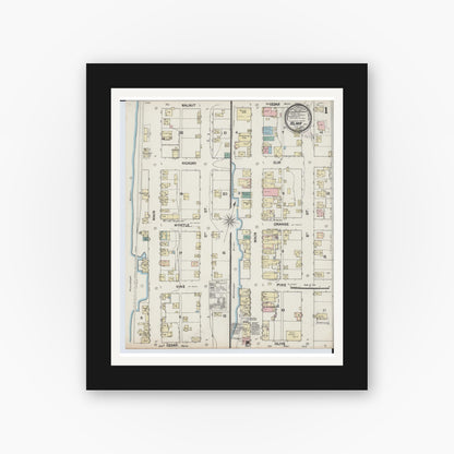 Old map wall art mockup — black gallery frame with white mat — Sanborn Fire Insurance Map from Alma, Buffalo County, Wisconsin (1889), Sheet #0001