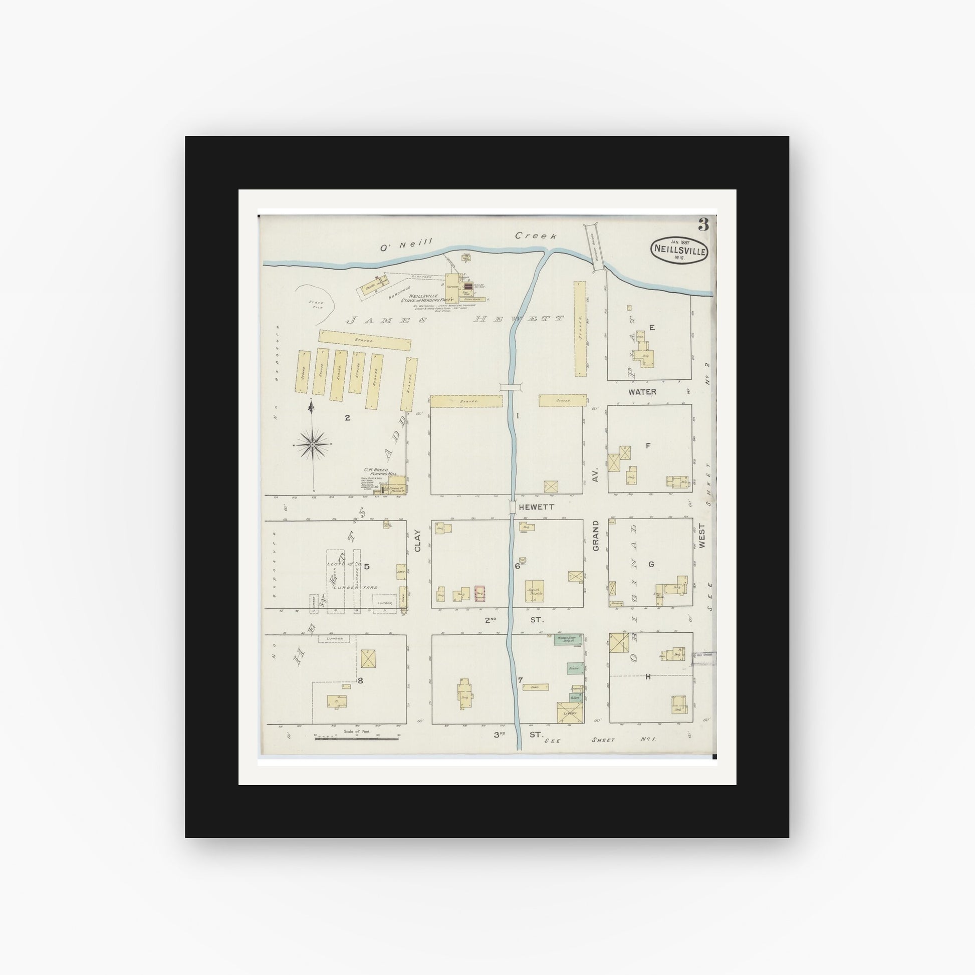 Old map wall art mockup — black gallery frame with white mat — Sanborn Fire Insurance Map from Neillsville, Clark County, Wisconsin (1887), Sheet #0003