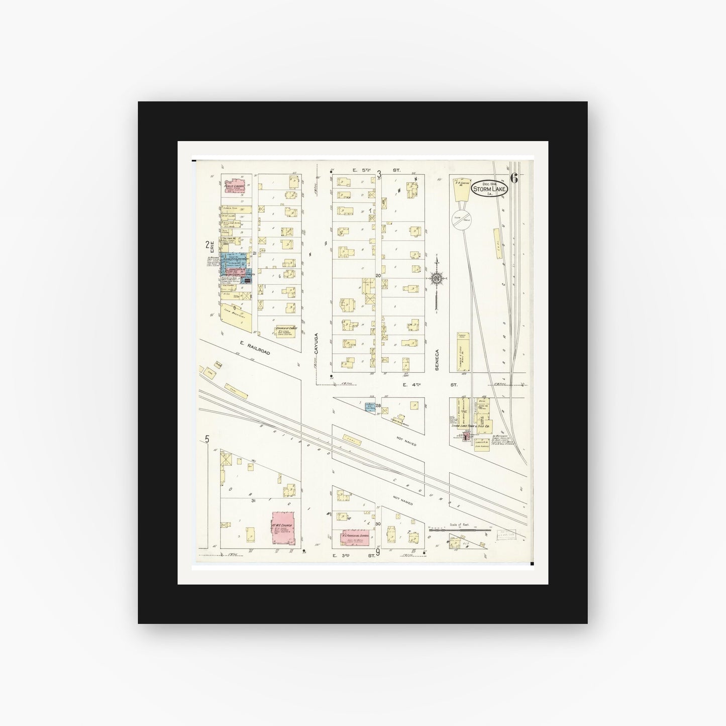 Old map wall art mockup — black gallery frame with white mat — Sanborn Fire Insurance Map from Storm Lake, Buena Vista County, Iowa (1914), Sheet #0006
