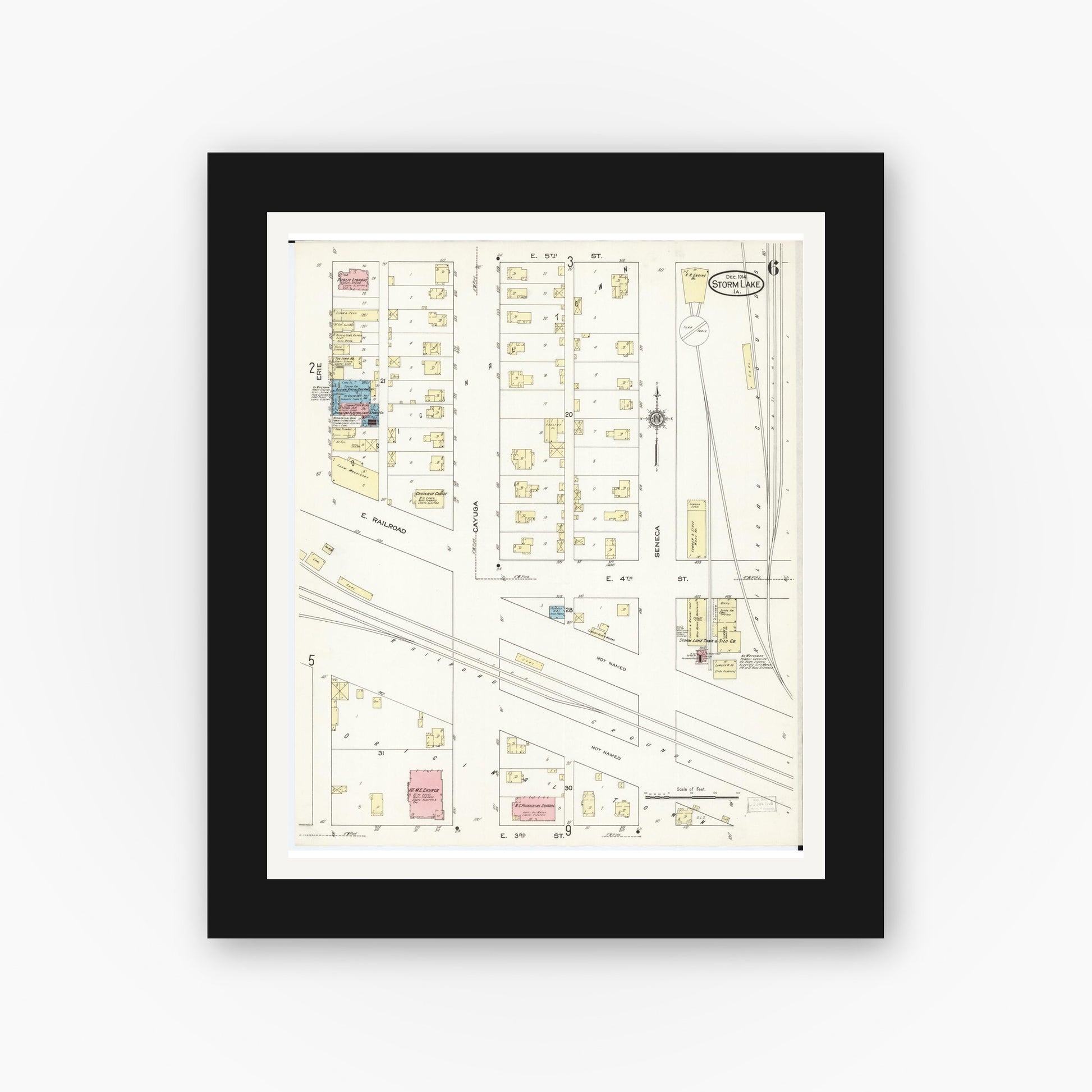 Old map wall art mockup — black gallery frame with white mat — Sanborn Fire Insurance Map from Storm Lake, Buena Vista County, Iowa (1914), Sheet #0006