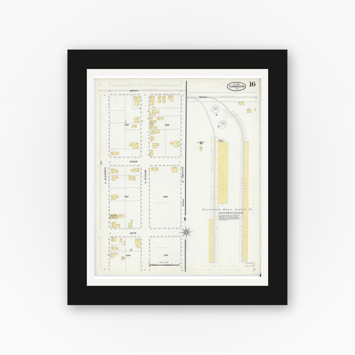 Old map wall art mockup — black gallery frame with white mat — Sanborn Fire Insurance Map from Fernandina, Nassau County, Florida (1909), Sheet #0016