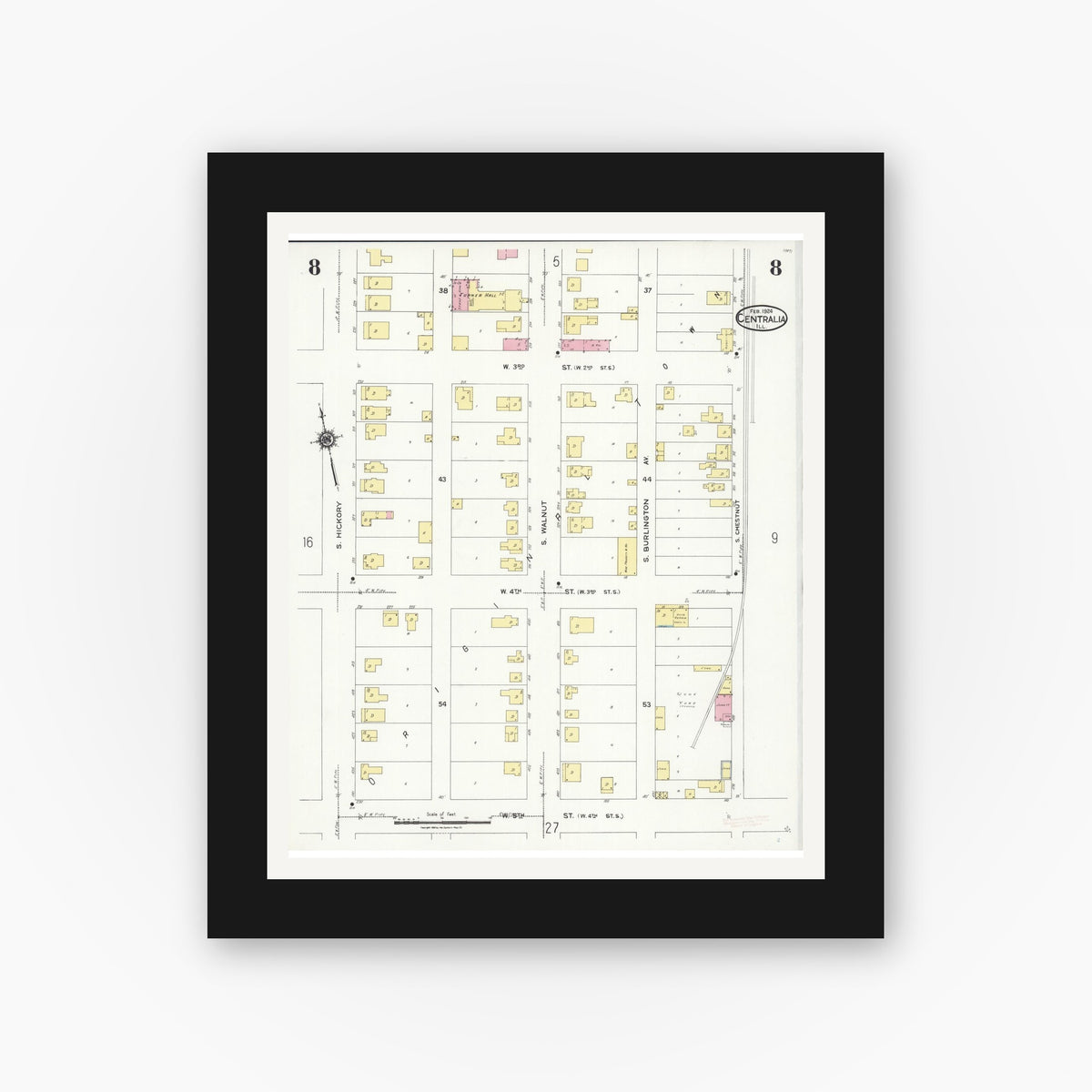 Old map wall art mockup — black gallery frame with white mat — Sanborn Fire Insurance Map from Centralia, Marion, Clinton, Jefferson, and Washington Counties, Illinois (1924), Sheet #0008