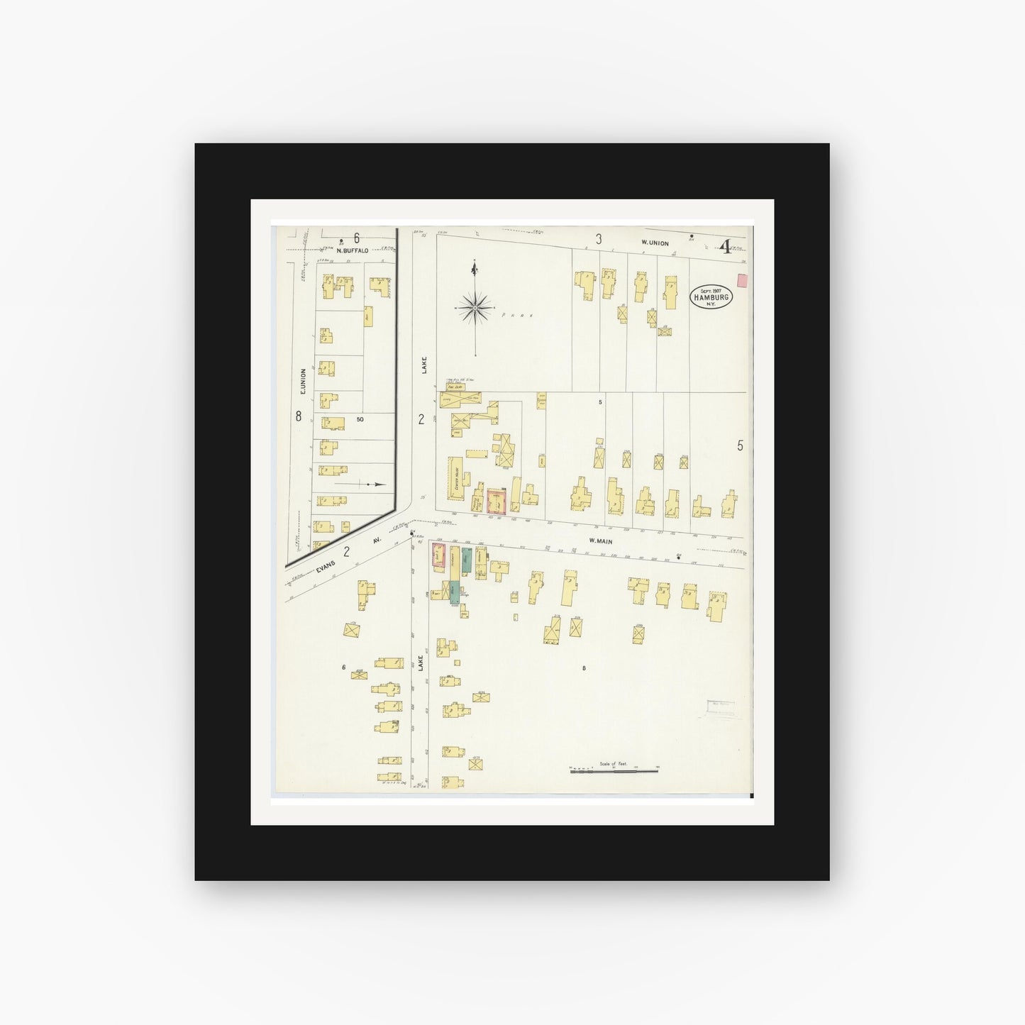 Old map wall art mockup — black gallery frame with white mat — Sanborn Fire Insurance Map from Hamburg, Erie County, New York (1907), Sheet #0004