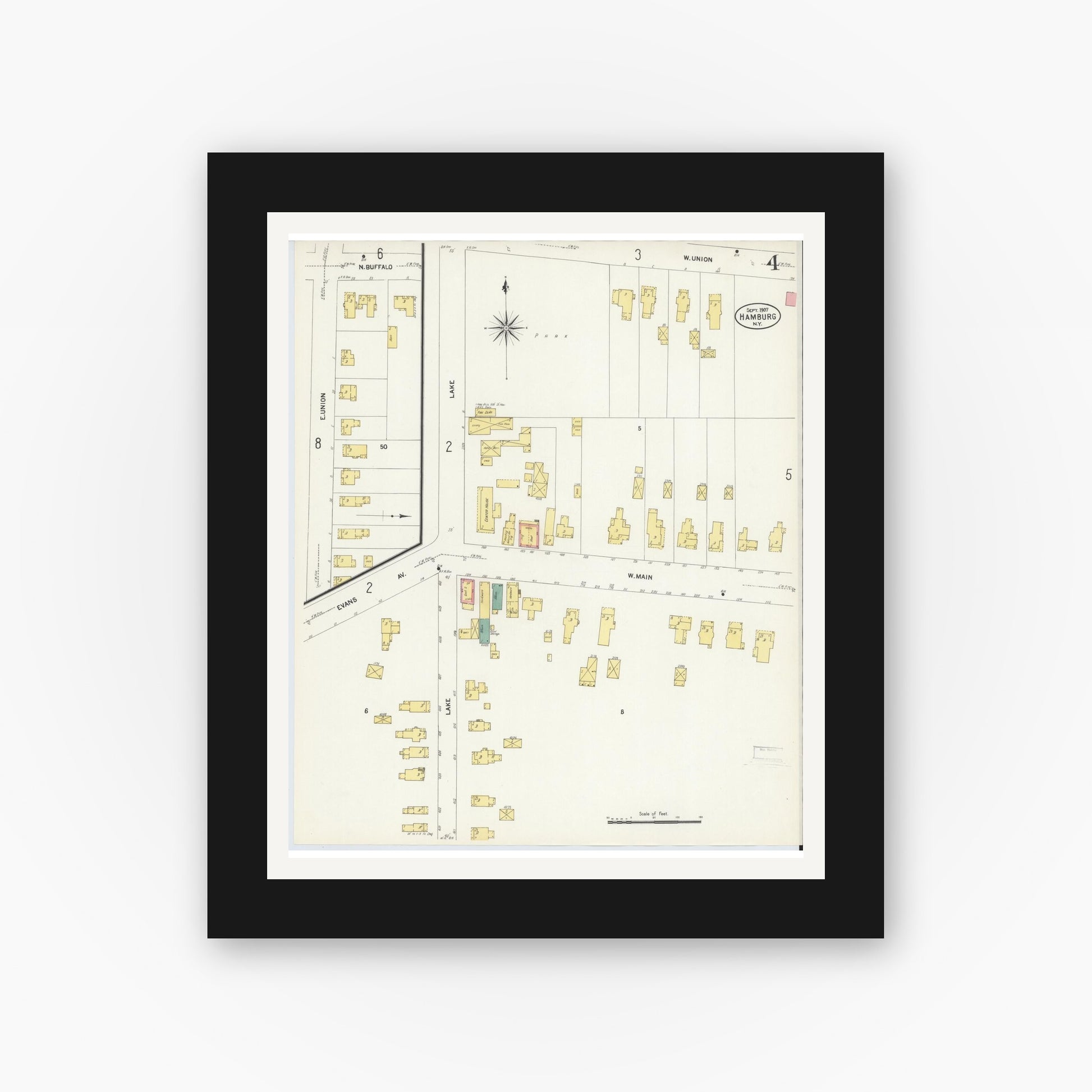 Old map wall art mockup — black gallery frame with white mat — Sanborn Fire Insurance Map from Hamburg, Erie County, New York (1907), Sheet #0004