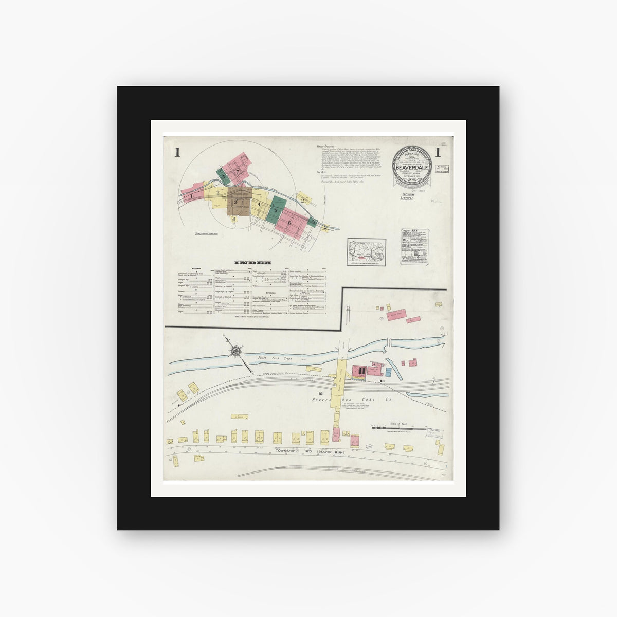 Old map wall art mockup — black gallery frame with white mat — Sanborn Fire Insurance Map from Beaverdale, Cambria County, Pennsylvania (1923) - Complete Map Set