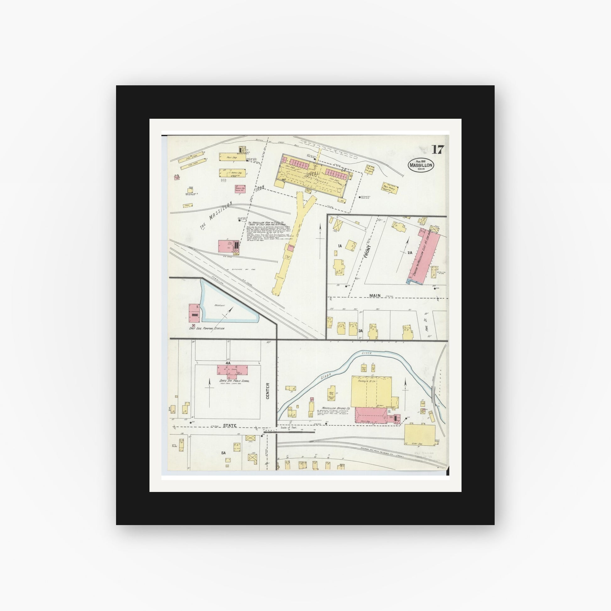 Old map wall art mockup — black gallery frame with white mat — Sanborn Fire Insurance Map from Massillon, Stark County, Ohio (1901), Sheet #0017