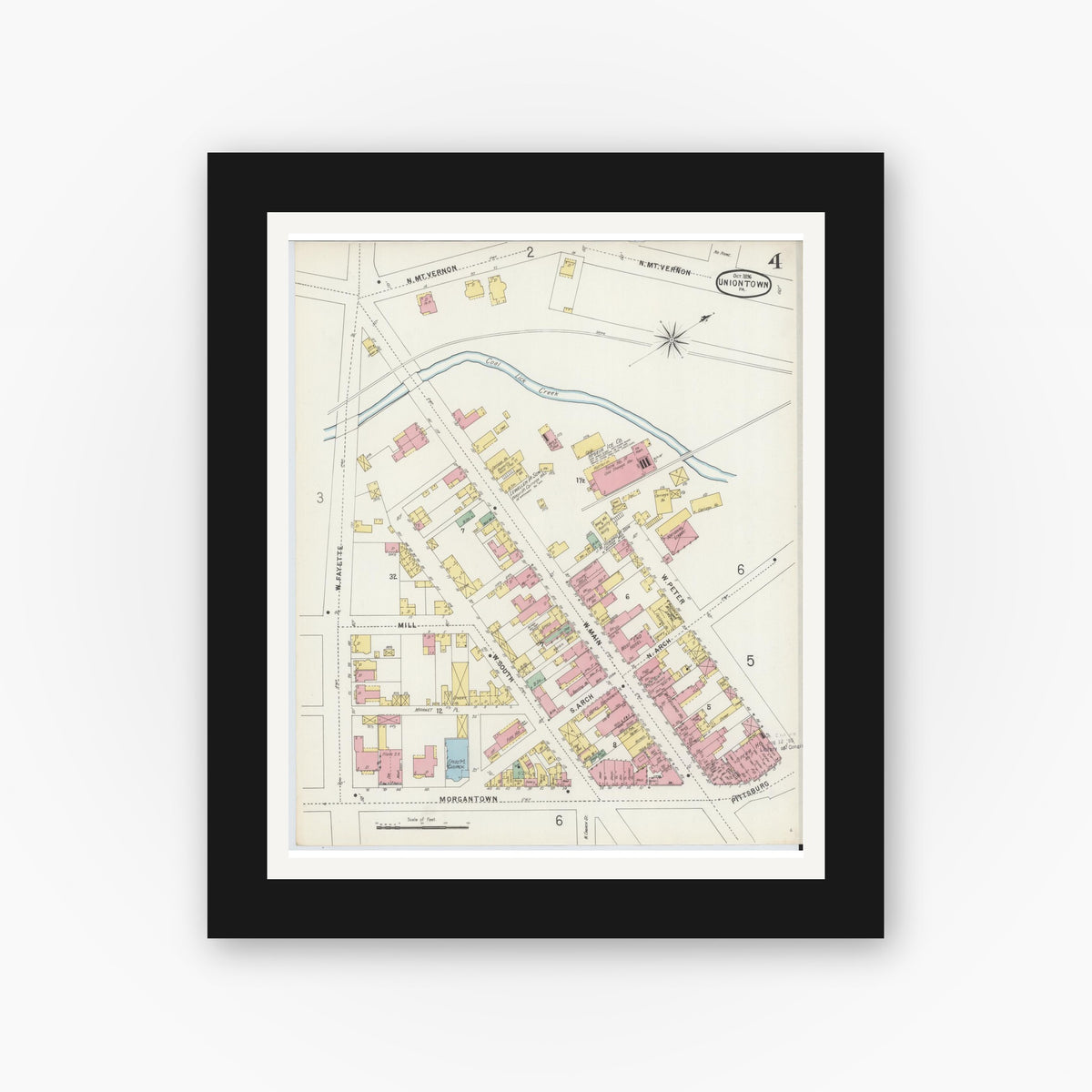 Old map wall art mockup — black gallery frame with white mat — Sanborn Fire Insurance Map from Uniontown, Fayette County, Pennsylvania (1896), Sheet #0004