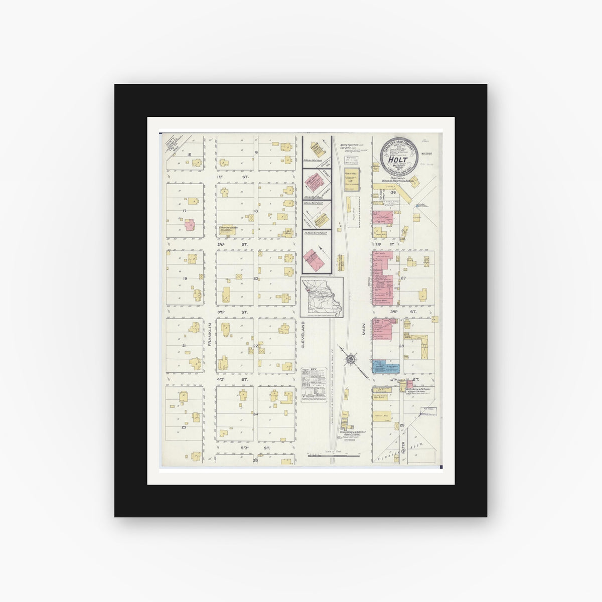Old map wall art mockup — black gallery frame with white mat — Sanborn Fire Insurance Map from Holt, Clay County, Missouri (1917), Sheet #0001