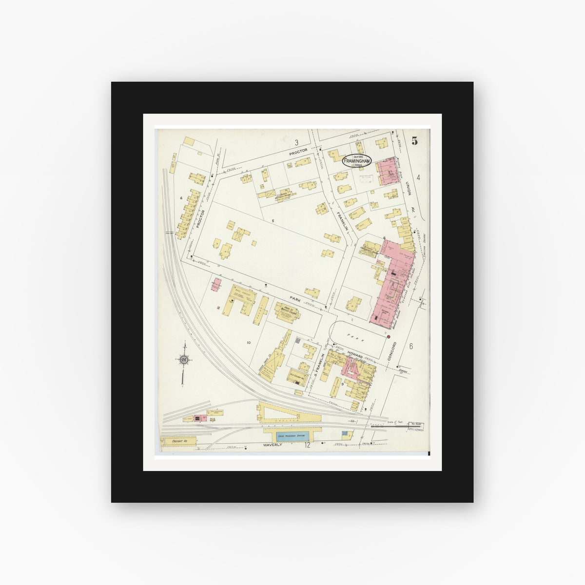 Old map wall art mockup — black gallery frame with white mat — Sanborn Fire Insurance Map from Framingham, Middlesex County, Massachusetts (1915), Sheet #0005