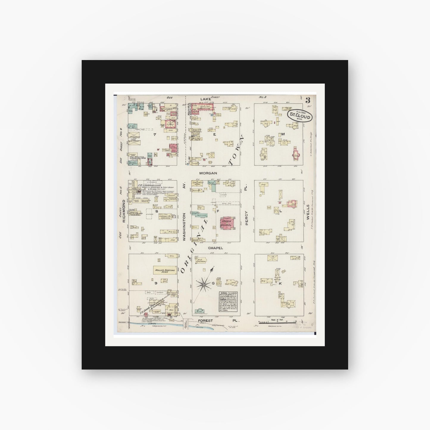 Old map wall art mockup — black gallery frame with white mat — Sanborn Fire Insurance Map from Saint Cloud, Stearns, Benton, and Sherburne Counties, Minnesota (1884), Sheet #0003