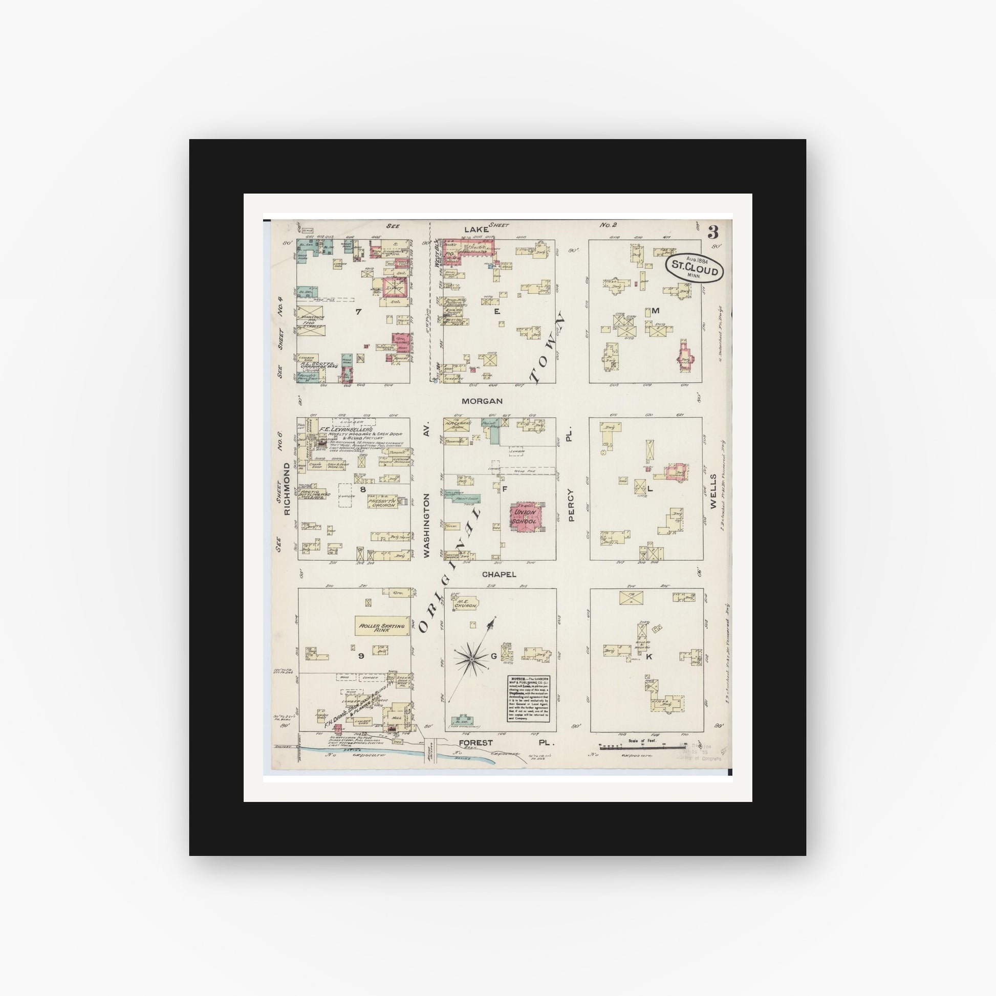 Old map wall art mockup — black gallery frame with white mat — Sanborn Fire Insurance Map from Saint Cloud, Stearns, Benton, and Sherburne Counties, Minnesota (1884), Sheet #0003