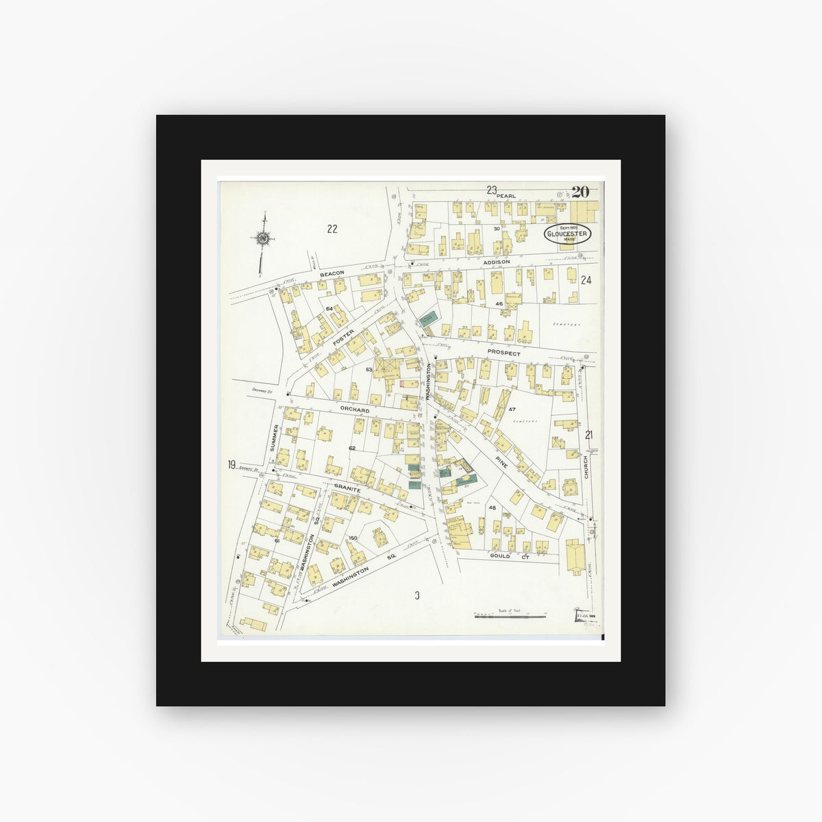 Old map wall art mockup — black gallery frame with white mat — Sanborn Fire Insurance Map from Gloucester, Essex County, Massachusetts (1909), Sheet #0020