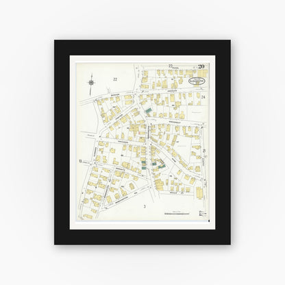 Old map wall art mockup — black gallery frame with white mat — Sanborn Fire Insurance Map from Gloucester, Essex County, Massachusetts (1909), Sheet #0020