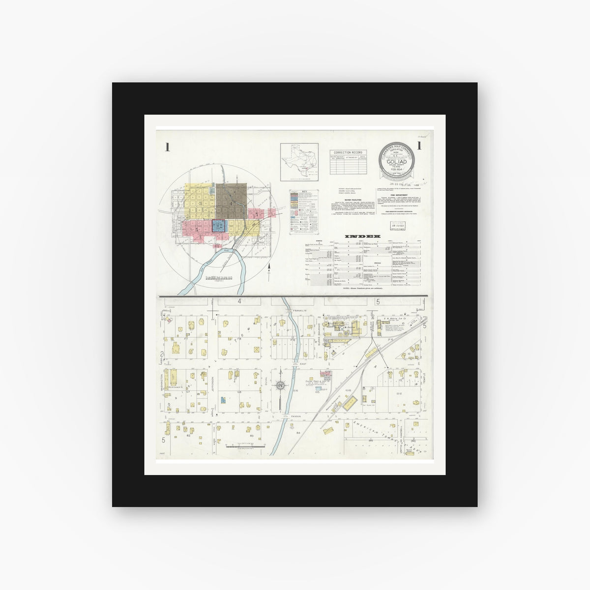 Old map wall art mockup — black gallery frame with white mat — Sanborn Fire Insurance Map from Goliad, Goliad County, Texas (1934), Sheet #0001