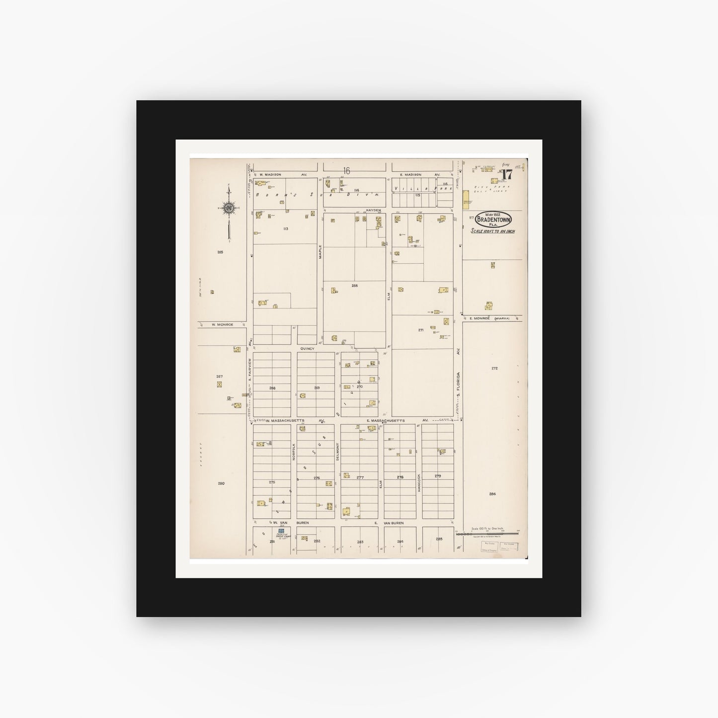 Old map wall art mockup — black gallery frame with white mat — Sanborn Fire Insurance Map from Bradentown, Manatee County, Florida (1922), Sheet #0017