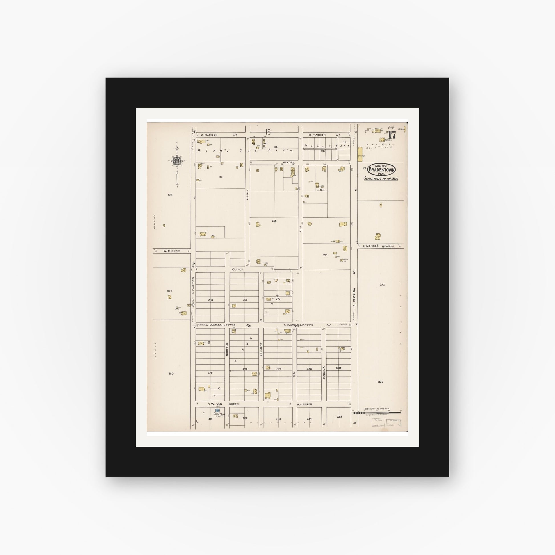 Old map wall art mockup — black gallery frame with white mat — Sanborn Fire Insurance Map from Bradentown, Manatee County, Florida (1922), Sheet #0017