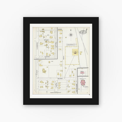 Old map wall art mockup — black gallery frame with white mat — Sanborn Fire Insurance Map from Gainesville, Cooke County, Texas (1892), Sheet #0007