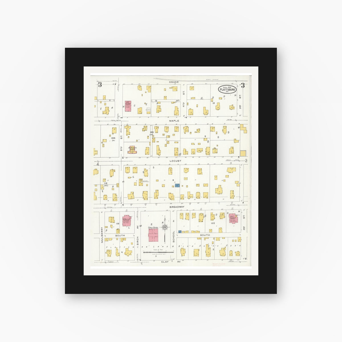 Old map wall art mockup — black gallery frame with white mat — Sanborn Fire Insurance Map from Plattsburg, Clinton County, Missouri (1926), Sheet #0003