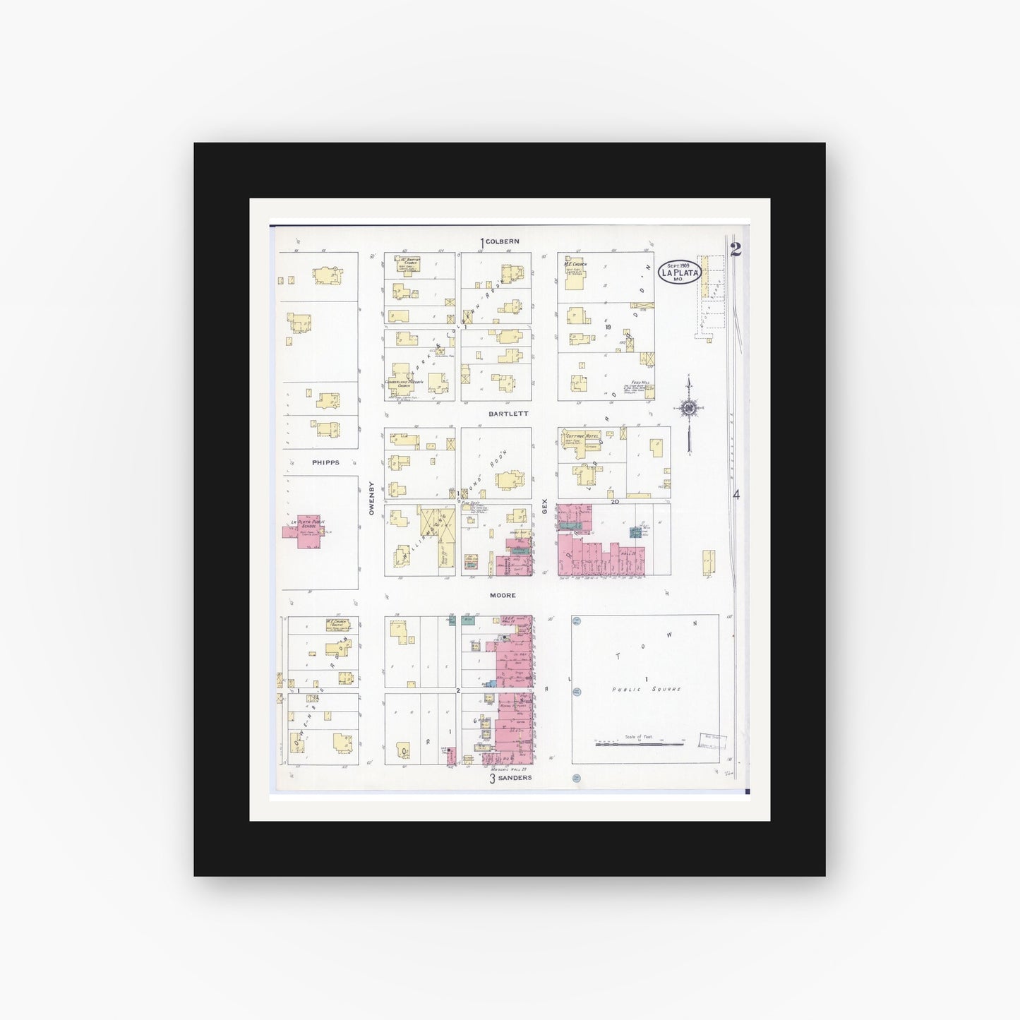 Old map wall art mockup — black gallery frame with white mat — Sanborn Fire Insurance Map from La Plata, Macon County, Missouri (1909), Sheet #0002