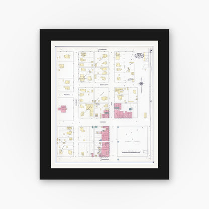 Old map wall art mockup — black gallery frame with white mat — Sanborn Fire Insurance Map from La Plata, Macon County, Missouri (1909), Sheet #0002
